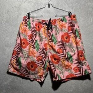 U.S. Polo Assn Men's Size 2XL 8-Inch Pink Hawaiin Floral Hibiscus Swim Trunks